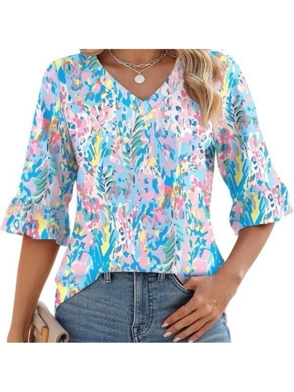 Southern Coastal Prep Abstract Print Ruffle Sleeve Blouse Multicolor Small